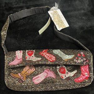 Beaded Western Boot Appliqué Evening Bag - Black with Multicolor Boots